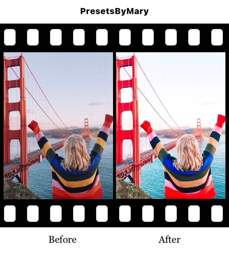 May include: Before and after photo of a person standing on a hill with the Golden Gate Bridge in the background. The person is wearing a colorful striped sweater and has their arms raised in the air. The photo on the left is the before photo and the photo on the right is the after photo. The after photo has been edited to have a more vibrant color palette.