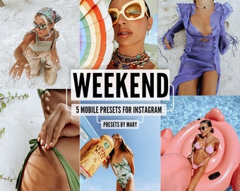 May include: A collage of images featuring a variety of summery scenes, including a woman wearing a straw hat and sunglasses, a woman in a blue dress, a woman in a swimsuit floating on a pink flamingo pool float, and a woman holding a can of Yerba Mate. The text "WEEKEND" and "5 MOBILE PRESETS FOR INSTAGRAM" is displayed in the center of the collage.