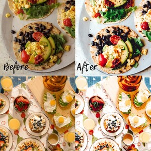 Puede incluir: Una foto antes y despu&eacute;s de un taco de desayuno con frijoles negros, aguacate, huevos revueltos y tomates. La foto de la izquierda muestra el taco antes de la edici&oacute;n, y la foto de la derecha muestra el taco despu&eacute;s de la edici&oacute;n. La segunda fila muestra una mesa puesta con gofres, fruta y caf&eacute;.