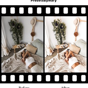 K&ouml;nnte beinhalten: Vorher-Nachher-Foto, das den Unterschied eines Fotobearbeitungs-Presets zeigt. Das Vorher-Foto zeigt eine Frau, die auf einem Bett liegt und ein wei&szlig;es Hemd und eine wei&szlig;e Hose tr&auml;gt. Das Nachher-Foto zeigt die gleiche Frau mit einer w&auml;rmeren, lebendigeren Farbpalette.
