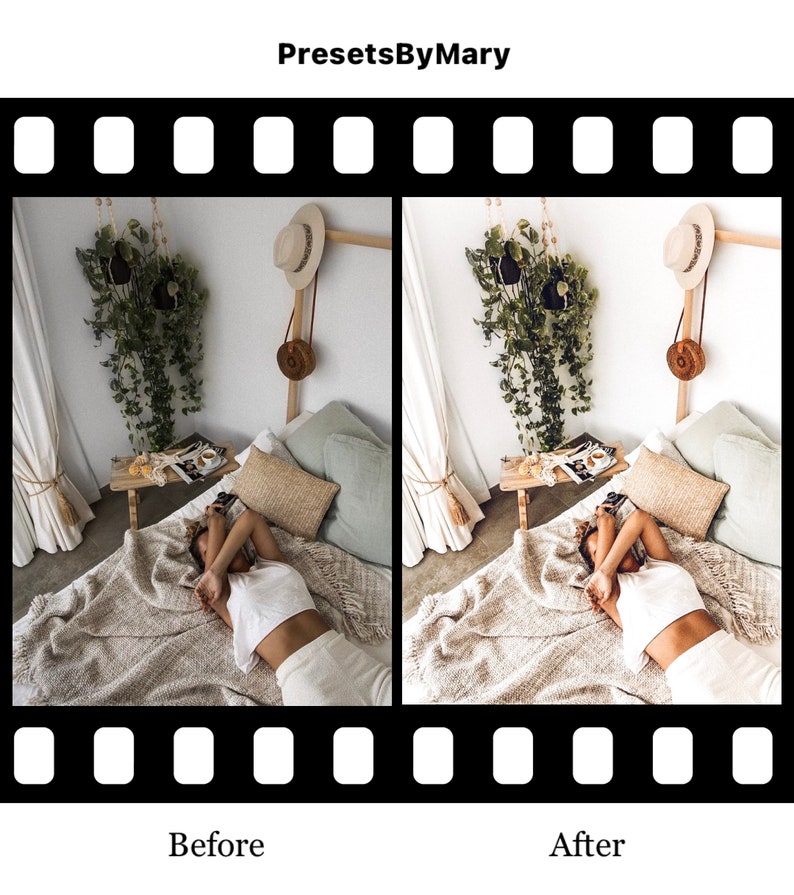 K&ouml;nnte beinhalten: Vorher-Nachher-Foto, das den Unterschied eines Fotobearbeitungs-Presets zeigt. Das Vorher-Foto zeigt eine Frau, die auf einem Bett liegt und ein wei&szlig;es Hemd und eine wei&szlig;e Hose tr&auml;gt. Das Nachher-Foto zeigt die gleiche Frau mit einer w&auml;rmeren, lebendigeren Farbpalette.