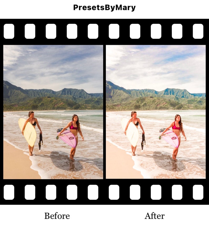May include: Two women in swimsuits walk along a sandy beach carrying surfboards. The woman on the left is carrying a yellow surfboard and the woman on the right is carrying a pink surfboard. The beach is bordered by lush green mountains and a blue ocean.