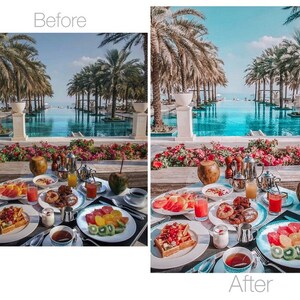 May include: A table set for breakfast with waffles, fruit, pastries, and drinks. The table is set outdoors with a view of a pool and palm trees. The image has a bright, airy feel.