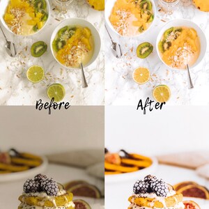 Puede incluir: Foto antes y despu&eacute;s que muestra la diferencia en la edici&oacute;n de im&aacute;genes. La imagen antes muestra un taz&oacute;n de fruta con un fondo amarillo. La imagen despu&eacute;s muestra el mismo taz&oacute;n de fruta con un fondo blanco. La segunda fila muestra una pila de panqueques con un fondo blanco.