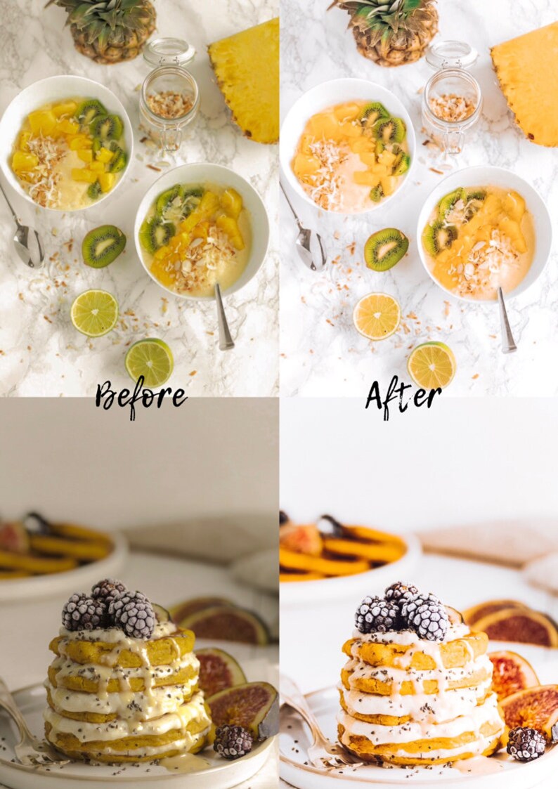 Puede incluir: Foto antes y despu&eacute;s que muestra la diferencia en la edici&oacute;n de im&aacute;genes. La imagen antes muestra un taz&oacute;n de fruta con un fondo amarillo. La imagen despu&eacute;s muestra el mismo taz&oacute;n de fruta con un fondo blanco. La segunda fila muestra una pila de panqueques con un fondo blanco.