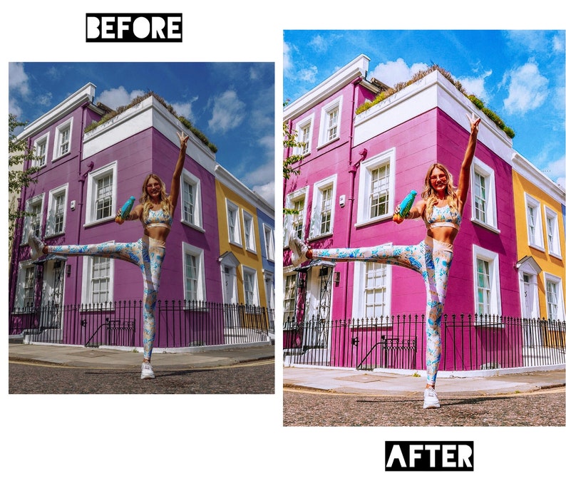 May include: A woman in a colorful patterned sports bra and leggings poses in front of a row of colorful houses. She is holding a blue water bottle in one hand and has her other hand raised in the air. The houses are painted in shades of pink, yellow, and white. The sky is blue and there are clouds in the background.