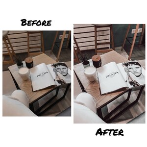 May include: A wooden table with a black metal frame, a magazine with the word "PRADA" on the cover, a white candle, a brown candle, and a white mug. The table is in a room with a light blue wall and a wooden floor.