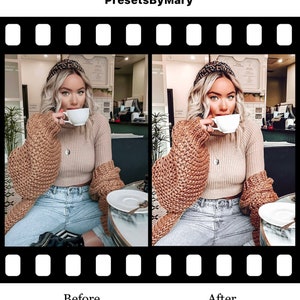 May include: A before and after photo showing the difference a photo filter can make. The photo on the left is a woman wearing a brown knitted cardigan, a white tank top, light blue jeans, and a brown headband. She is holding a white cup and sitting at a table. The photo on the right is the same woman with a filter applied, making the photo brighter and warmer.