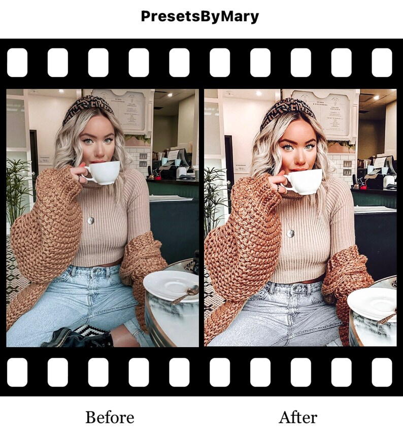 May include: A before and after photo showing the difference a photo filter can make. The photo on the left is a woman wearing a brown knitted cardigan, a white tank top, light blue jeans, and a brown headband. She is holding a white cup and sitting at a table. The photo on the right is the same woman with a filter applied, making the photo brighter and warmer.