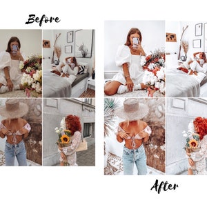 May include: A collage of images showing before and after photos of a woman wearing different outfits. The before photos show the woman in a white dress and a white top with a straw hat. The after photos show the woman in the same outfits but with a more natural and warm color tone.