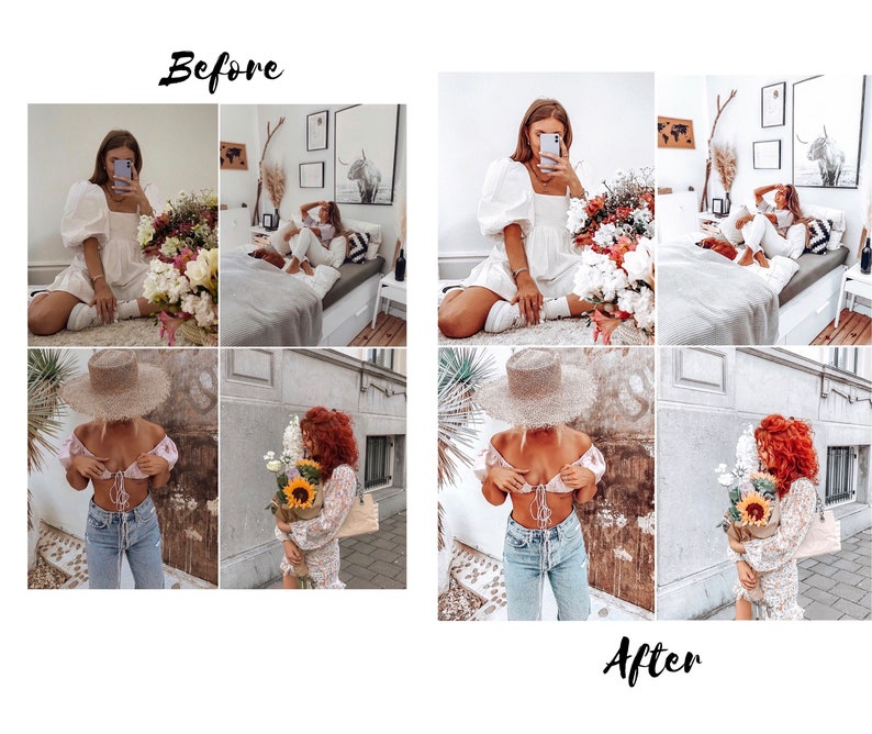 May include: A collage of images showing before and after photos of a woman wearing different outfits. The before photos show the woman in a white dress and a white top with a straw hat. The after photos show the woman in the same outfits but with a more natural and warm color tone.
