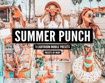 May include: A collage of photos featuring people enjoying summer activities. The text "SUMMER PUNCH" and "5 LIGHTROOM MOBILE PRESETS" is displayed in the center of the image. The text "PRESETS BY MARY" is displayed below the text "5 LIGHTROOM MOBILE PRESETS".
