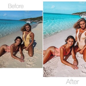 May include: Two women on a beach wearing swimsuits. One is in a light peach swimsuit, and the other is in a yellow swimsuit. The swimsuits have lace-up detailing. The beach has white sand and turquoise water.