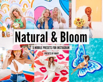 May include: A collage of images showcasing five mobile presets for Instagram called "Natural & Bloom" by Mary. The presets are designed to enhance photos with a natural and vibrant aesthetic. The images feature various scenes, including a woman holding a coconut, a woman posing in front of a colorful mural, a woman on a butterfly float in a pool, and a woman standing in front of a wall with red lips painted on it.