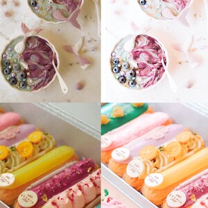 Puede incluir: Primer plano de una caja de eclairs coloridos con un dise&ntilde;o floral. Los eclairs est&aacute;n dispuestos en fila y tienen una variedad de coberturas, incluyendo fruta, chocolate y crema. La caja es blanca con un borde plateado y las palabras "ART ECLAIR" est&aacute;n impresas en el lateral.
