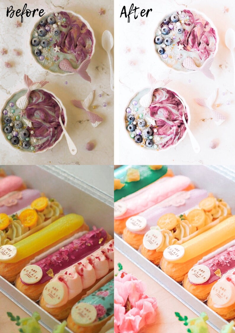 Puede incluir: Primer plano de una caja de eclairs coloridos con un dise&ntilde;o floral. Los eclairs est&aacute;n dispuestos en fila y tienen una variedad de coberturas, incluyendo fruta, chocolate y crema. La caja es blanca con un borde plateado y las palabras "ART ECLAIR" est&aacute;n impresas en el lateral.