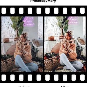 May include: A before and after photo showing the difference a photo filter can make. The photo on the left is a woman sitting on the floor with a light brown sweater, blue jeans, and a hat. She is holding two small boxes. The photo on the right is the same woman with a more vibrant and warm color palette. The text "All we have is now" is in pink neon lights in both photos.