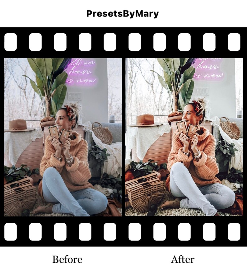 May include: A before and after photo showing the difference a photo filter can make. The photo on the left is a woman sitting on the floor with a light brown sweater, blue jeans, and a hat. She is holding two small boxes. The photo on the right is the same woman with a more vibrant and warm color palette. The text "All we have is now" is in pink neon lights in both photos.