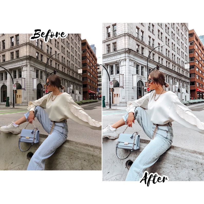 May include: A woman wearing a white sweater with pleated sleeves, light blue jeans, and a light blue handbag sits on a concrete ledge in a city street. The background features a row of buildings with a gray and white color scheme.
