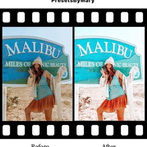 May include: Before and after photo of a woman wearing a blue and orange dress and a white hat standing in front of a blue sign that says "Malibu Miles of Scenic Beauty".