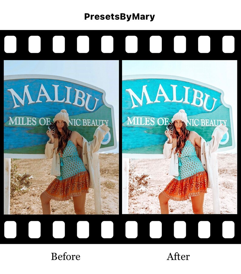 May include: Before and after photo of a woman wearing a blue and orange dress and a white hat standing in front of a blue sign that says "Malibu Miles of Scenic Beauty".