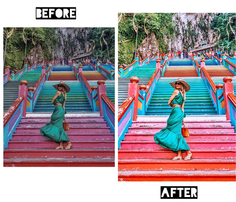 May include: A woman wearing a teal green dress and a wide-brimmed straw hat stands on a colorful staircase. The staircase is painted in shades of pink, blue, green, and yellow. The woman is holding a brown handbag.