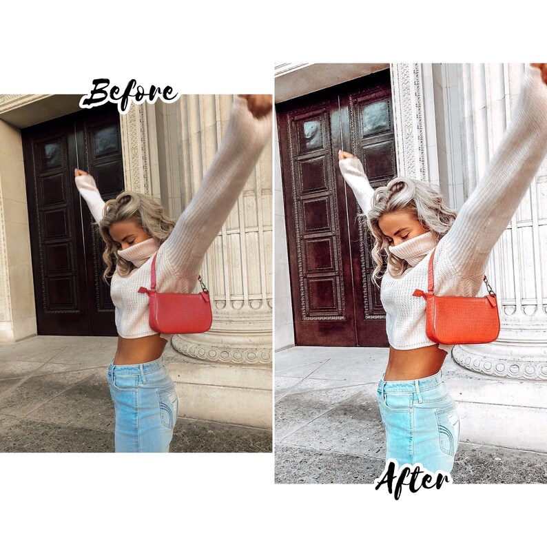 May include: A woman wearing a white turtleneck sweater and blue jeans poses with her arms raised. She is carrying a small red handbag.