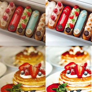 Puede incluir: Una foto antes y despu&eacute;s que muestra la diferencia de color e iluminaci&oacute;n de una pila de panqueques con fresas y crema batida y una caja de &eacute;clairs coloridos. El texto "Antes" y "Despu&eacute;s" est&aacute; escrito debajo de cada imagen.