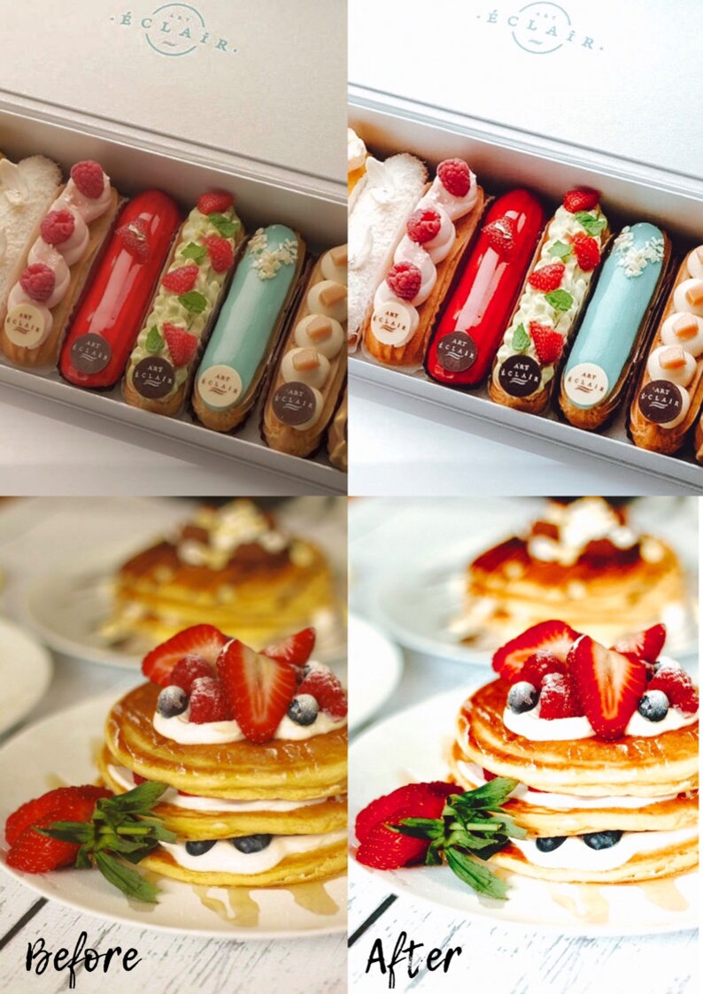 Puede incluir: Una foto antes y despu&eacute;s que muestra la diferencia de color e iluminaci&oacute;n de una pila de panqueques con fresas y crema batida y una caja de &eacute;clairs coloridos. El texto "Antes" y "Despu&eacute;s" est&aacute; escrito debajo de cada imagen.