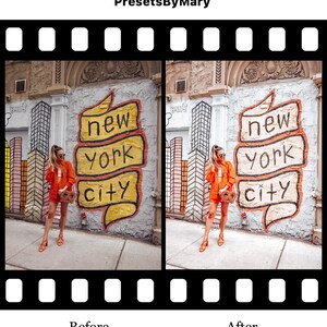 May include: Before and after photo showing the effect of a photo filter. The before photo shows a woman standing in front of a brick wall with a mural that says "new york city". The after photo shows the same scene with a warmer, more vibrant color palette.