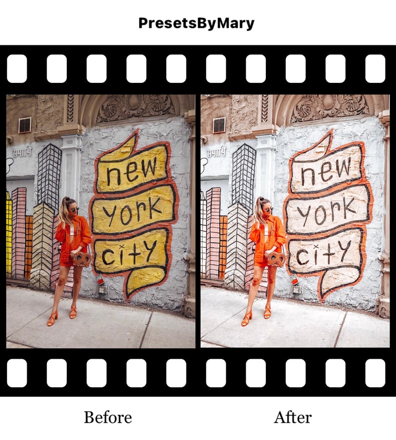 May include: Before and after photo showing the effect of a photo filter. The before photo shows a woman standing in front of a brick wall with a mural that says "new york city". The after photo shows the same scene with a warmer, more vibrant color palette.