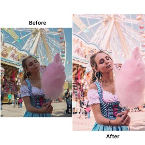 May include: A woman in a blue and white checkered dress holds a large pink cotton candy in front of a Ferris wheel at a carnival.