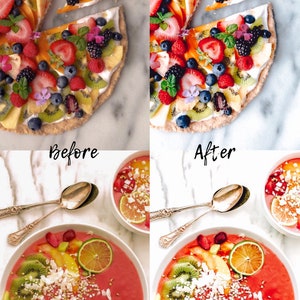 Puede incluir: Dos im&aacute;genes que muestran un antes y un despu&eacute;s de una pizza de fruta. La imagen de antes muestra una pizza de fruta con una corteza blanca y una variedad de frutas, incluyendo fresas, ar&aacute;ndanos, kiwi y melocotones. La imagen de despu&eacute;s muestra la misma pizza de fruta, pero los colores son m&aacute;s vibrantes y la imagen es m&aacute;s pulida. El segundo conjunto de im&aacute;genes muestra dos tazones de ensalada de fruta con una base rosa, cubiertos con kiwi, fresas y copos de coco. Los tazones est&aacute;n sobre una superficie de m&aacute;rmol blanco.