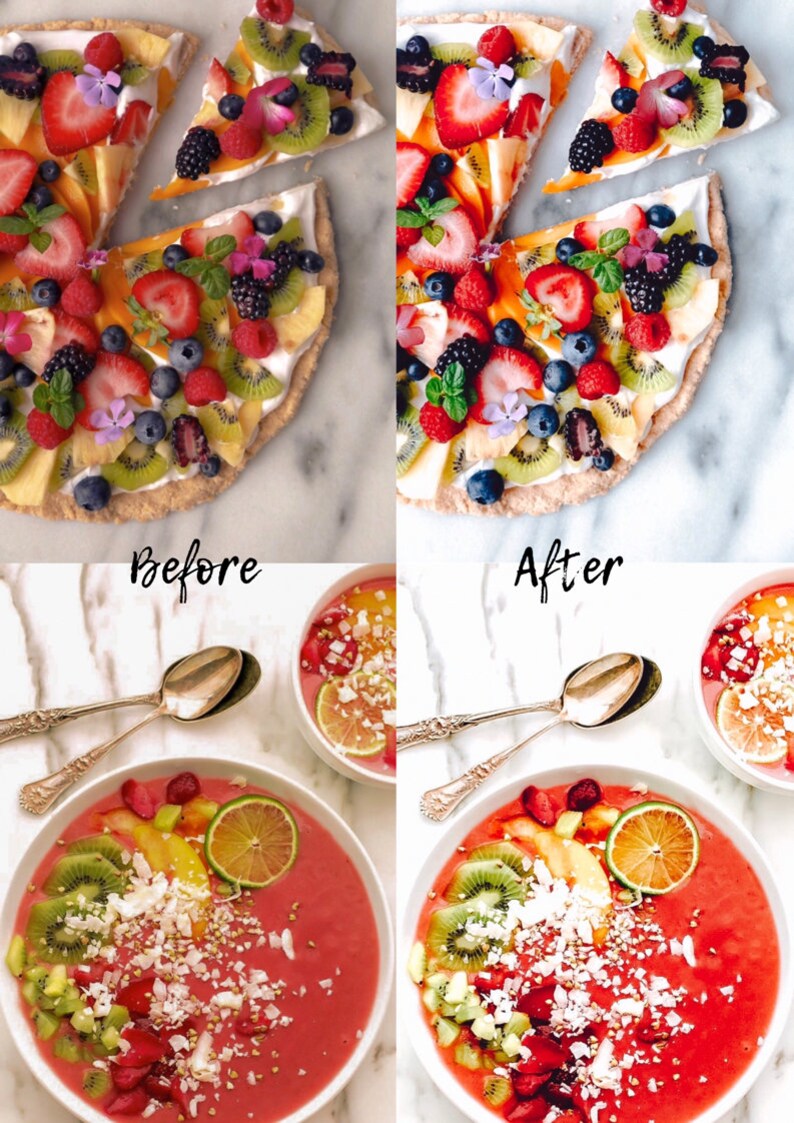 Puede incluir: Dos im&aacute;genes que muestran un antes y un despu&eacute;s de una pizza de fruta. La imagen de antes muestra una pizza de fruta con una corteza blanca y una variedad de frutas, incluyendo fresas, ar&aacute;ndanos, kiwi y melocotones. La imagen de despu&eacute;s muestra la misma pizza de fruta, pero los colores son m&aacute;s vibrantes y la imagen es m&aacute;s pulida. El segundo conjunto de im&aacute;genes muestra dos tazones de ensalada de fruta con una base rosa, cubiertos con kiwi, fresas y copos de coco. Los tazones est&aacute;n sobre una superficie de m&aacute;rmol blanco.