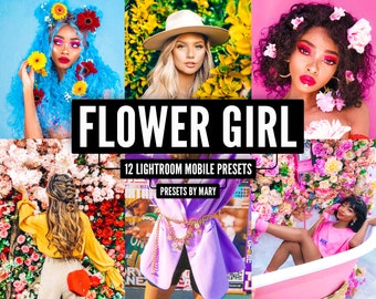 May include: A set of 12 Lightroom Mobile presets for editing photos. The presets are designed to give photos a floral and feminine look. The text "FLOWER GIRL" and "PRESETS BY MARY" are visible in the image.