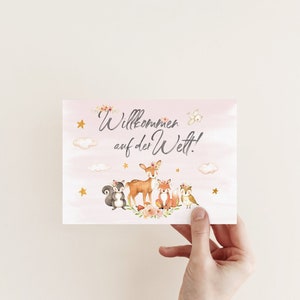 Baby Glückwunschkarte Boho Love Mädchen Reh und Freunde