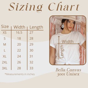 May include: Sizing chart for a Bella Canvas 3001 Unisex t-shirt. The chart shows the width and length measurements in inches for sizes XS to 3XL.