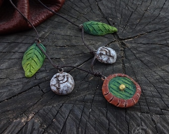 Necklace "Leaves,Hobbit Door&Galadriel Symbols"