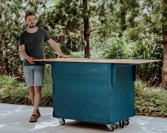 Display cart custom painted with Osmo colours and oak veneer worktop
