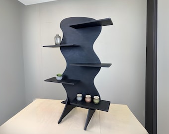 Black Wavy Birch Plywood Display Stand: Foldable Market Shelf
