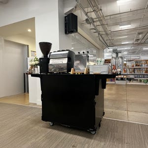 Customizable Black Mobile Coffee Cart – Compact, Flat-Pack, and Built for Events