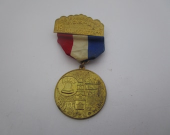 1947 Antique Dore Bronze Medal & Ribbon Patriotic Delegate Pinback P O S of A Patriotic Order Sons of America