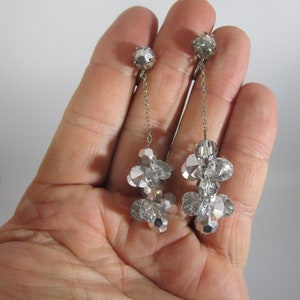 Antique Art Deco Fancy Long Dangle Cluster Cut Crystal Screw Back Earrings