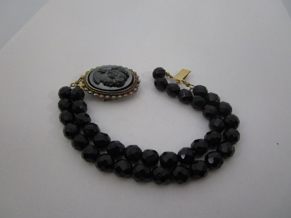 Antique Cameo Bracelet with Faceted Black Glass B… - image 1