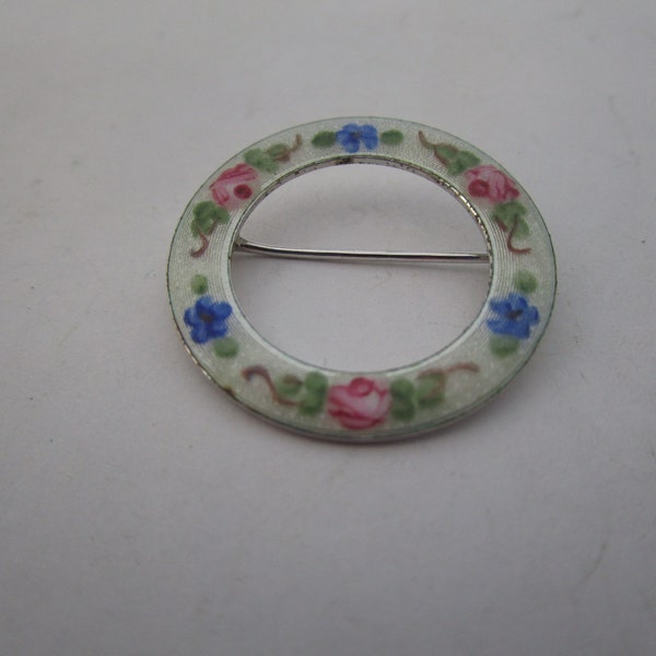 Antique Guilloche Enameled & Sterling Silver Flower Circle Brooch