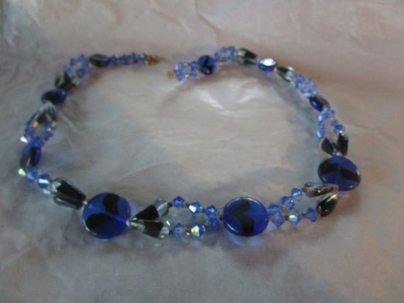 Vintage Retro Blue Cut Crystal & Art Glass Beaded… - image 1