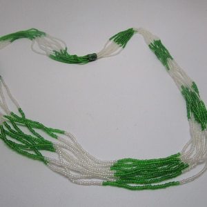 Vtg 8 Strand Micro Glass Green & White Beaded Necklace