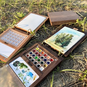 Paletas de pintura pequeñas, juego de paletas de acuarela portátiles para viaje, minicuaderno de bocetos, caja de pinturas con rejilla de madera para pintores y artistas, regalo personalizado.