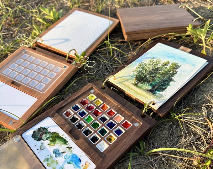 Tiny Personalized Travel Watercolor Palette Set, Mini Wooden Paint Box,Birthday Personalized Engraved Foldable Watercolor Paint Box
