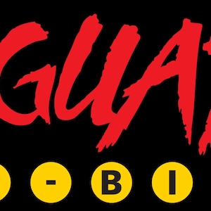 May include: Red and white logo for the Jaguar 64-bit video game console. The logo features the word "JAGUAR" in a bold, stylized font with a red color. Below the word "JAGUAR" are five yellow circles with the text "64-BIT" in black.
